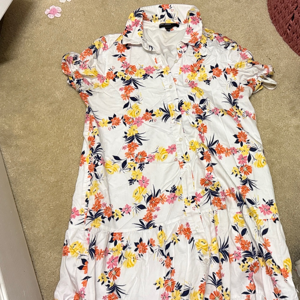 Maggy London White Floral Midi Dress with Yellow, Pink & Navy Accents